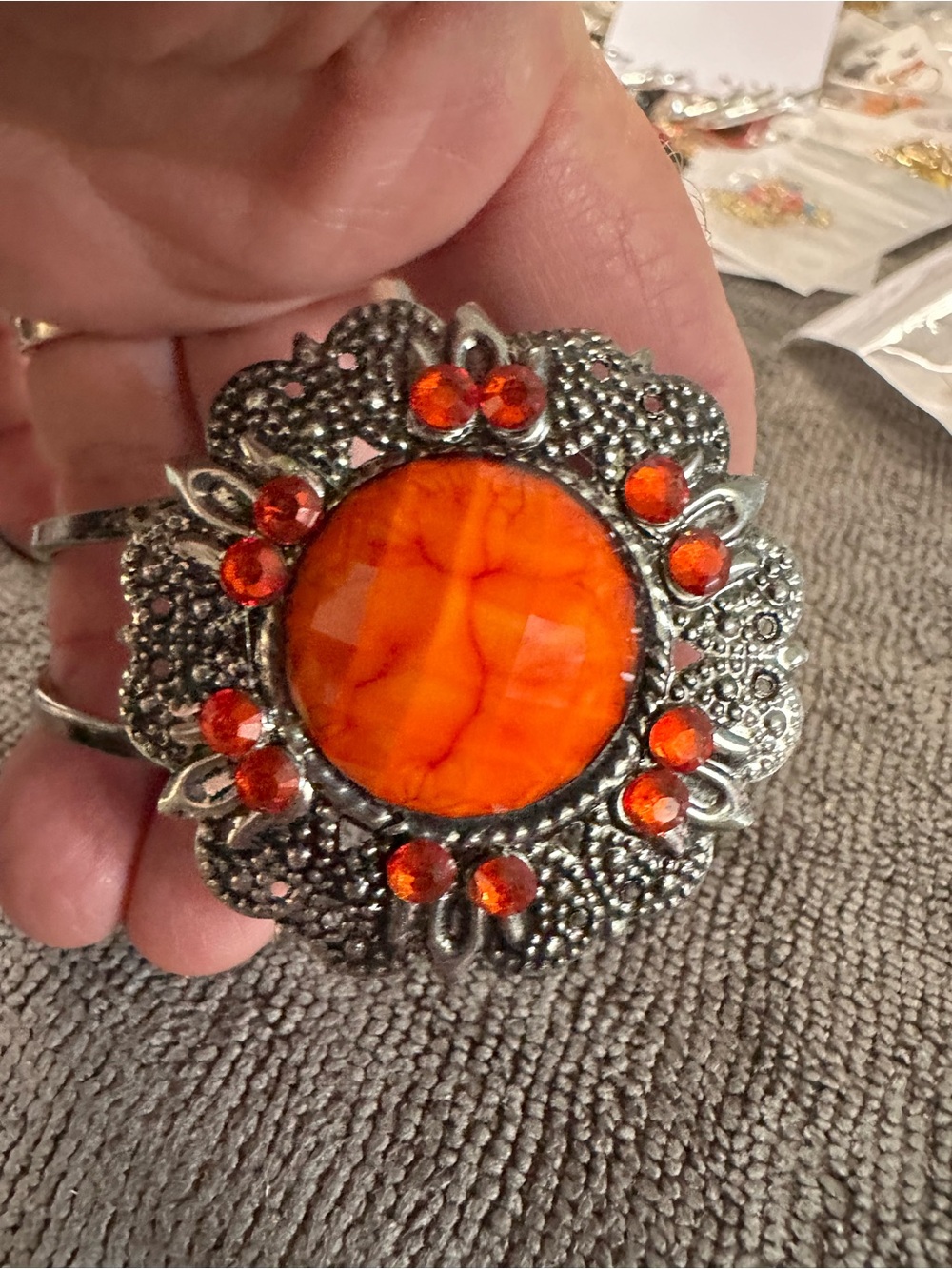 Orange Crystal Filigree Statement Cuff Bracelet